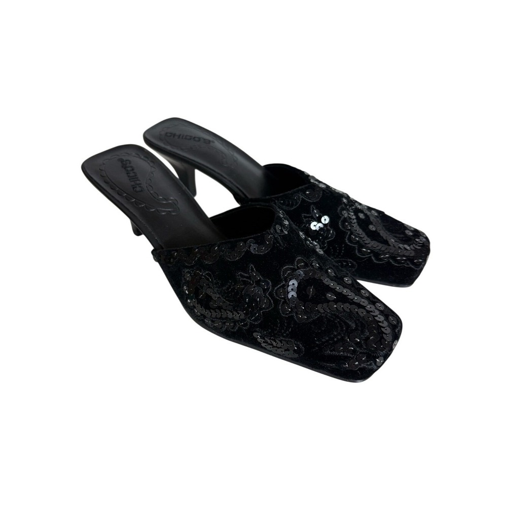 Chicos Seville Black Velvet Sequin Mules Square Toe Kitten Heels Womens 8M